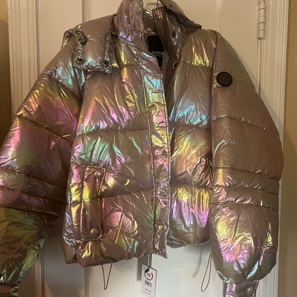 Noize Rainbow Puffer Metallic Vegan Jacket Coat - size Small super cold - Picture 2 of 7
